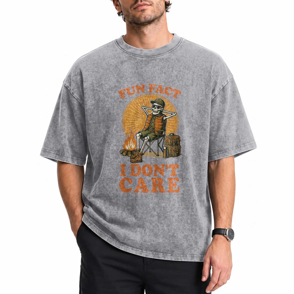 Fun Fact I Do Not Care Washed Cotton T-Shirt Funny Skeleton