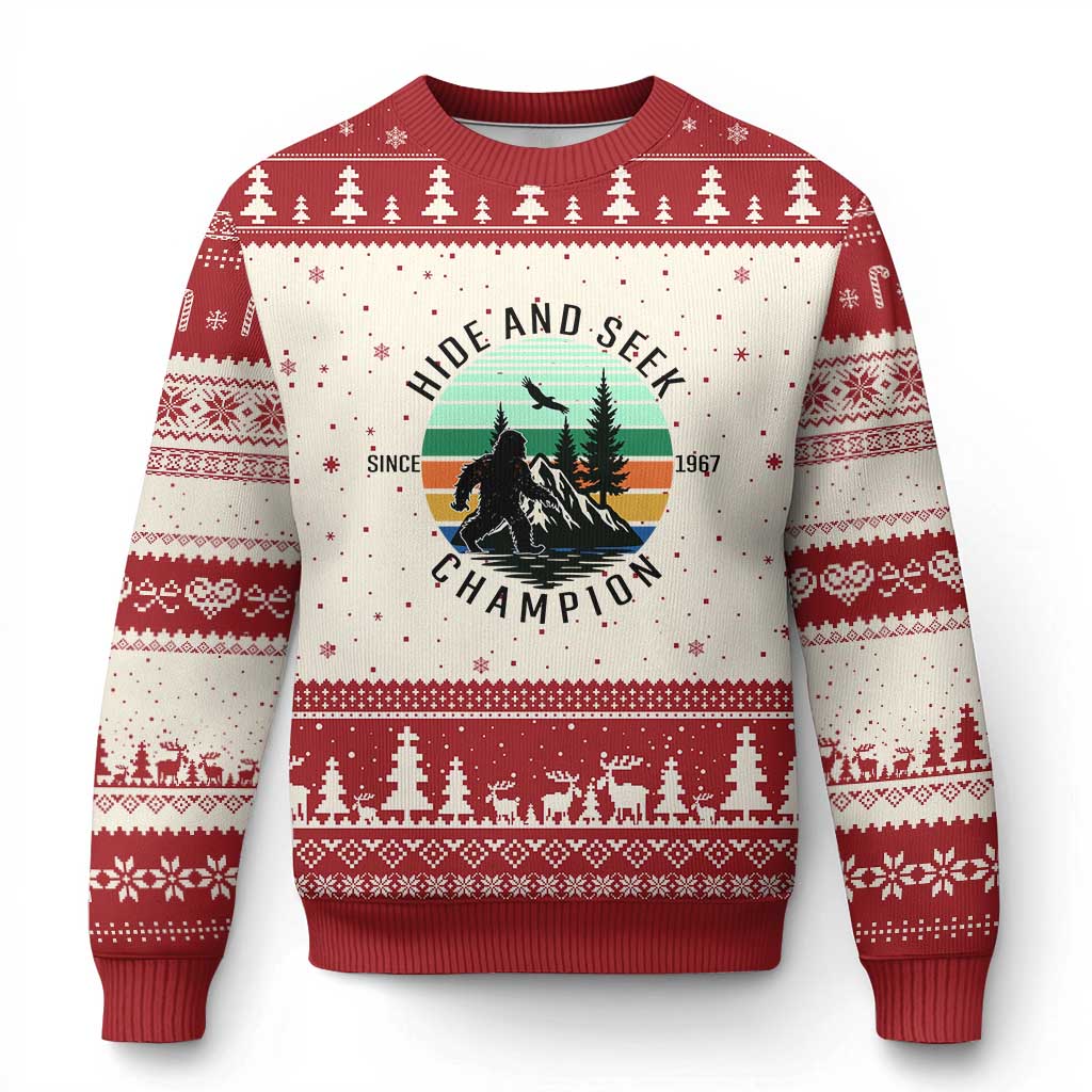 Hide And Seek Champion Ugly Christmas Sweater Bigfoot Lover Gift TS12 Beige Red Print Your Wear