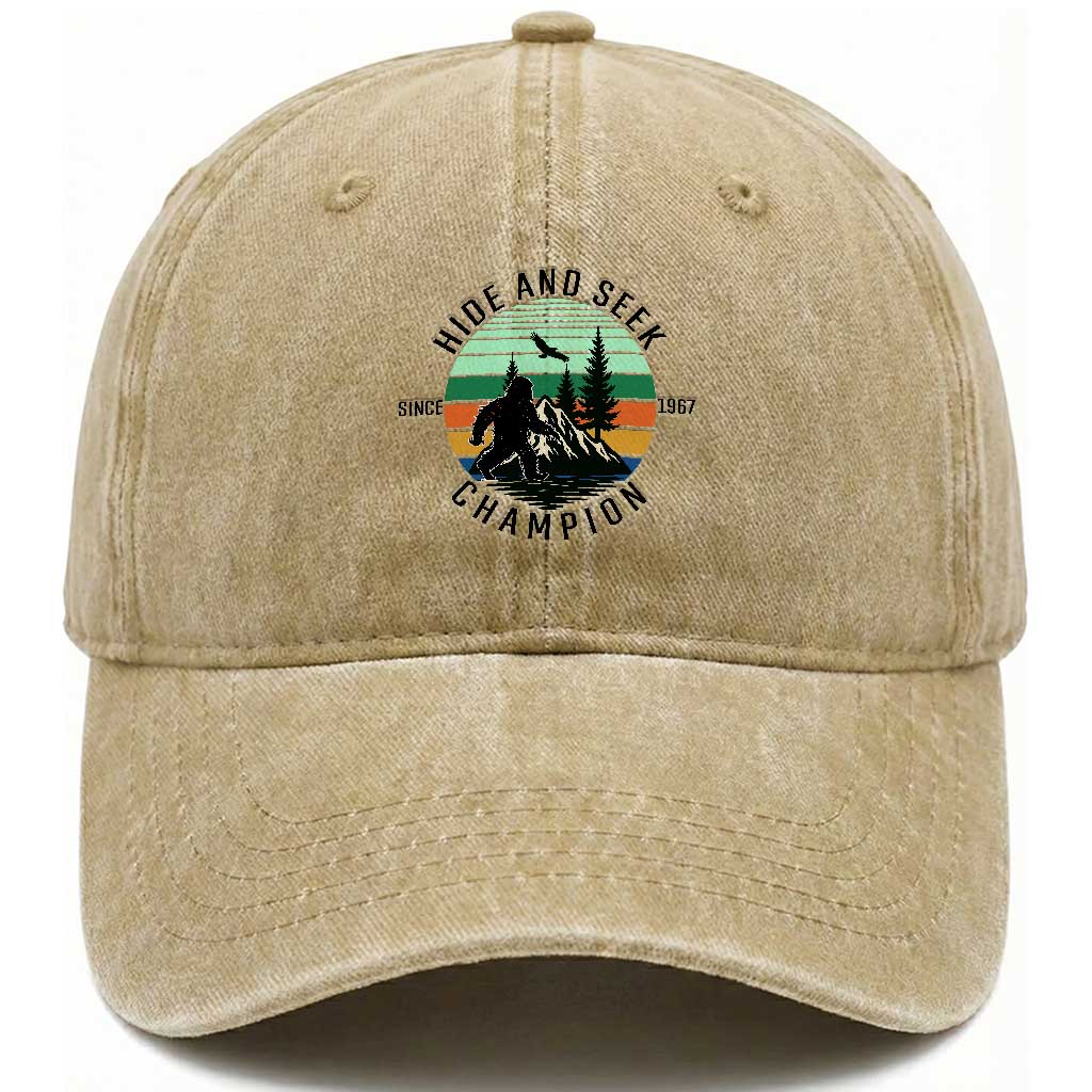 Hide And Seek Champion Washed Cotton Baseball Cap Bigfoot Lover Gift TS12 Washed Cap Universal Fit Khaki Print Your Wear