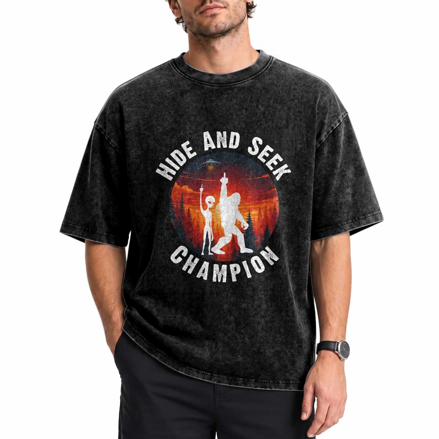 Hide And Seek Champion Washed Cotton T-Shirt Funny Bigfoot And Alien Lover Gift