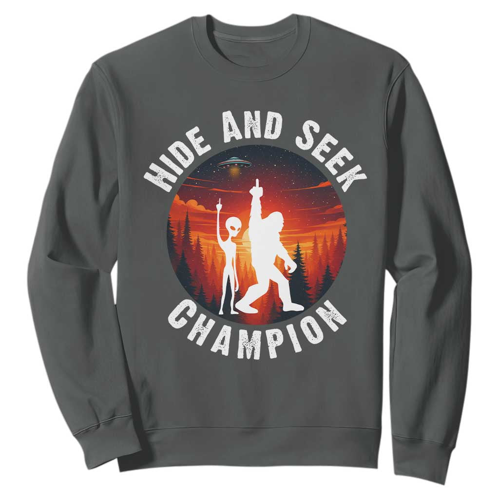 Hide And Seek Champion Sweatshirt Funny Bigfoot And Alien Lover Gift TS12 Dark Heather Print Your Wear