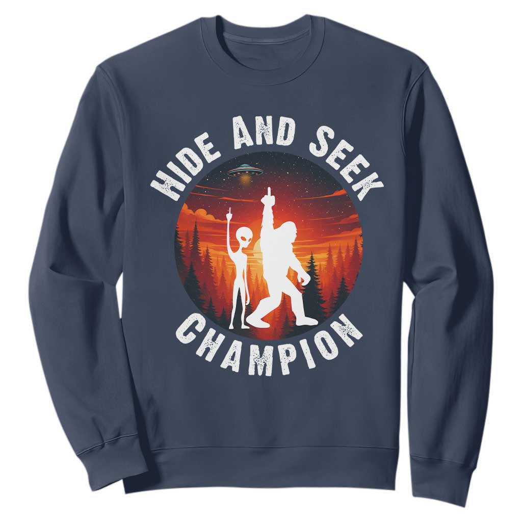 Hide And Seek Champion Sweatshirt Funny Bigfoot And Alien Lover Gift TS12 Navy Print Your Wear