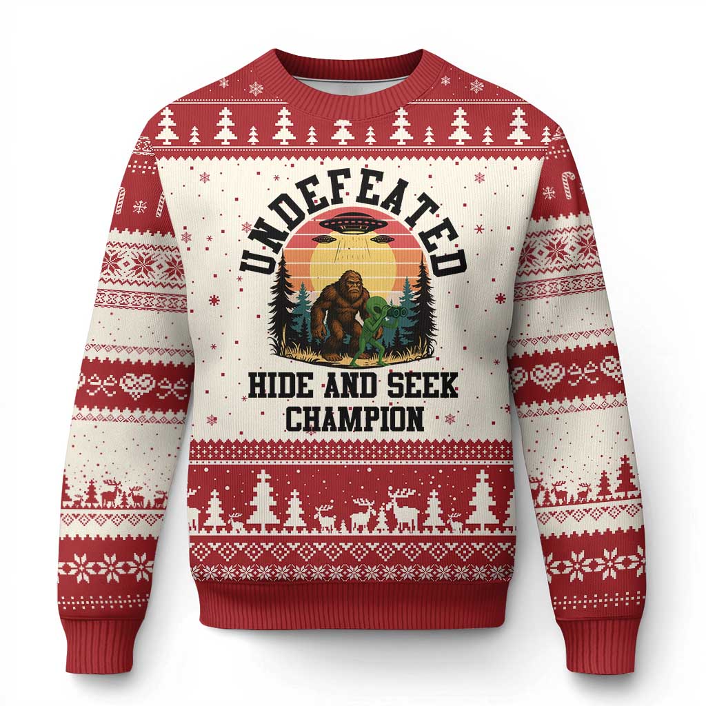 Funny Bigfoot And Alien Gift Ugly Christmas Sweater Undefeated Hide And Seek Champion TS12 Beige Red Print Your Wear