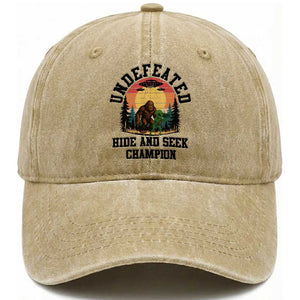 Funny Bigfoot And Alien Gift Washed Cotton Baseball Cap Undefeated Hide And Seek Champion TS12 Washed Cap Universal Fit Khaki Print Your Wear