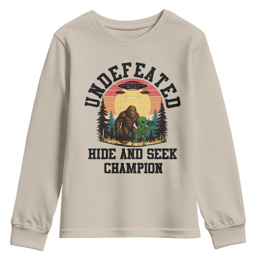 Funny Bigfoot And Alien Gift Youth Sweatshirt Undefeated Hide And Seek Champion TS12 Sand Print Your Wear