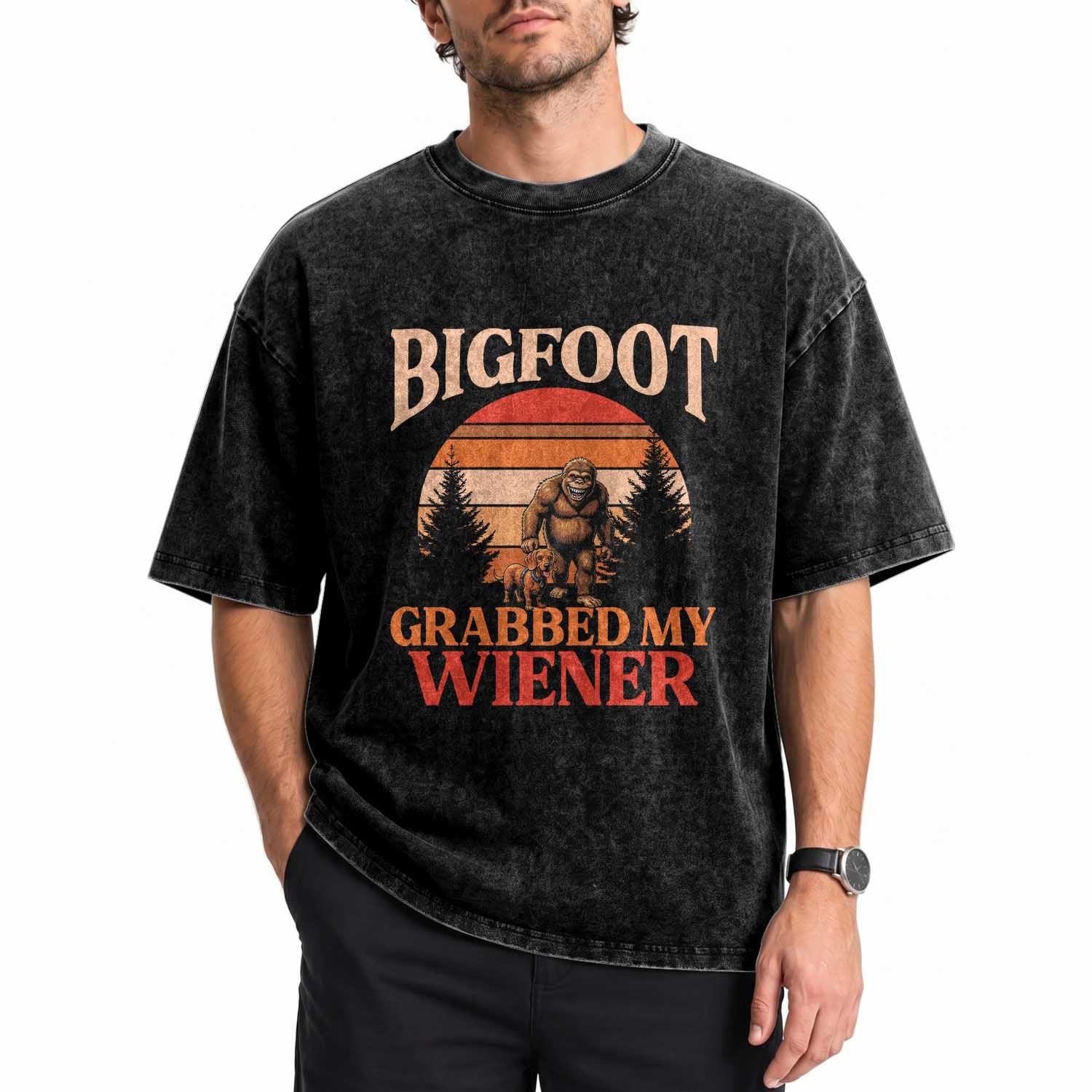 Bigfoot Grabbed My Wiener Washed Cotton T-Shirt Funny Dachshund Lover Gift