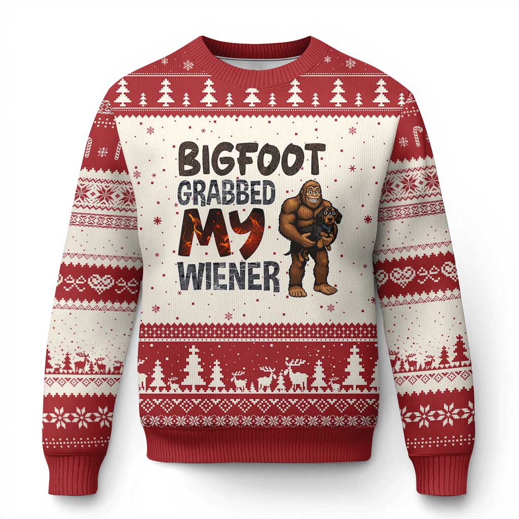 Bigfoot Grabbed My Wiener Ugly Christmas Sweater Funny Dog Lover Gift TS12 Beige Red Print Your Wear