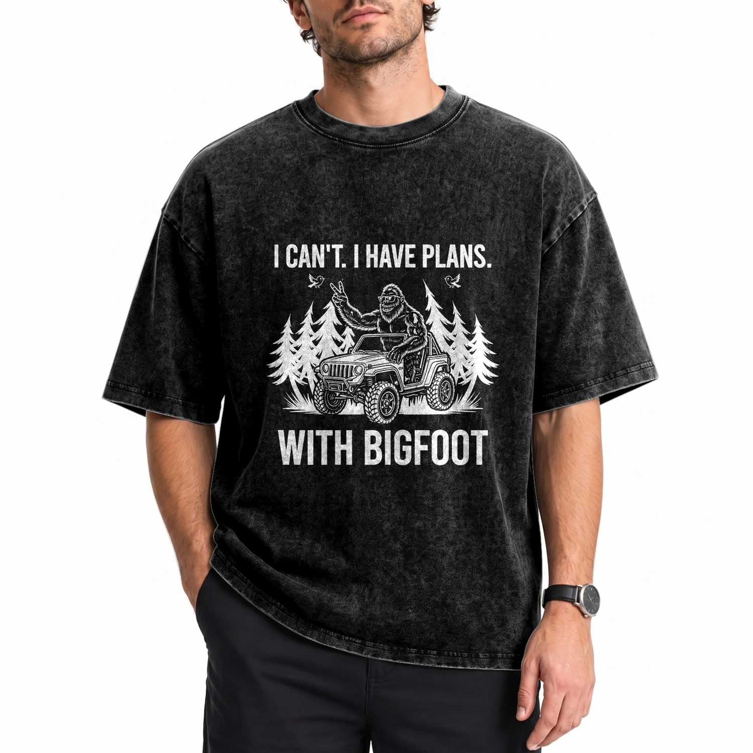 Funny Bigfoot Driving Car Washed Cotton T-Shirt I Cant I Have Plans With Bigfoot