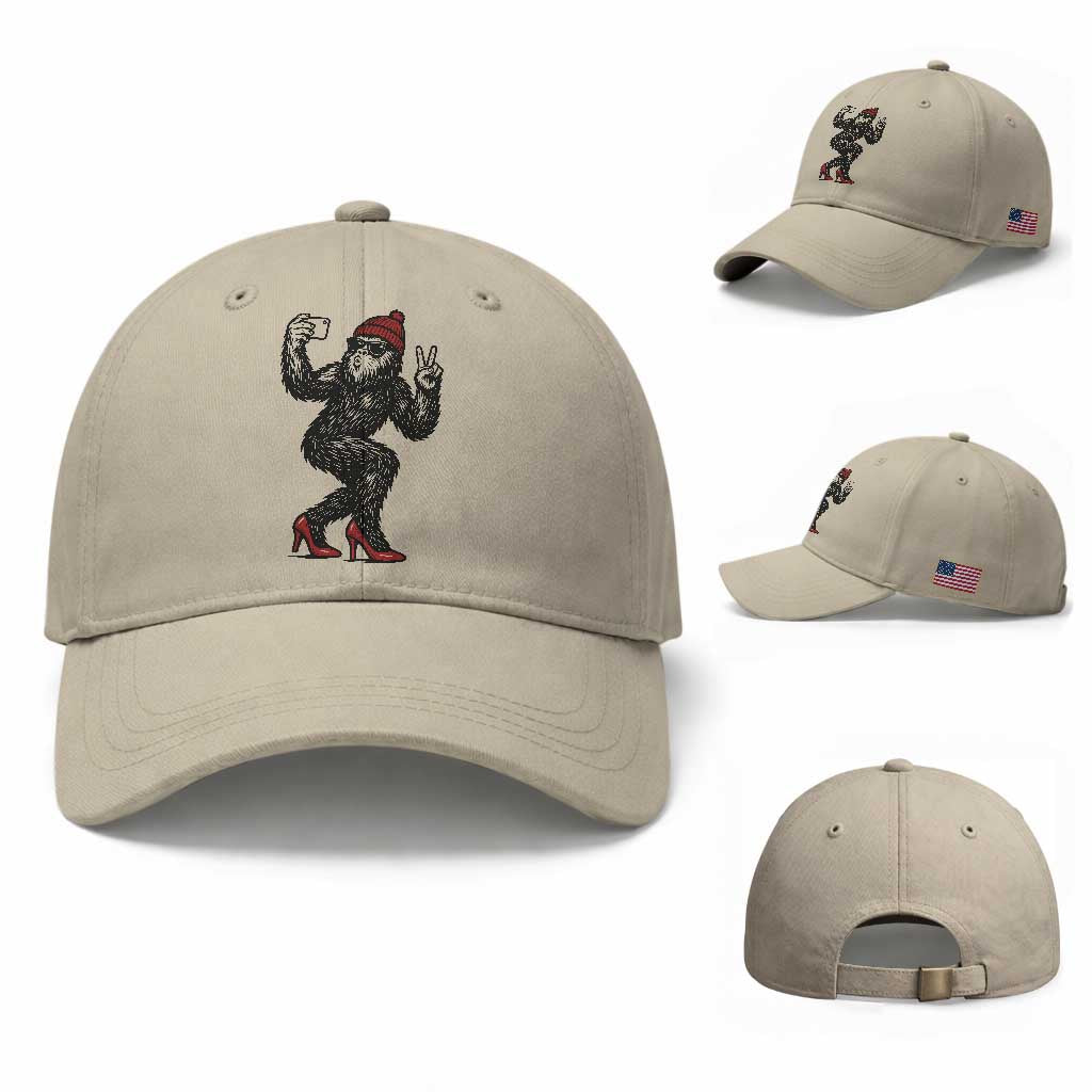Funny Sexy Bigfoot Selfie Baseball Cap Sasquatch Lover Gift TS12 Baseball Cap Universal Fit Beige Print Your Wear