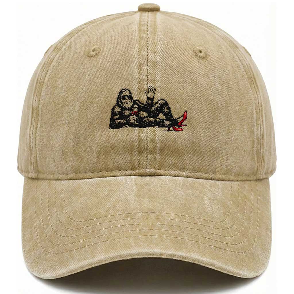 Funny Sassquatch Sexy Washed Cotton Baseball Cap Bigfoot With Cocktail Party Humor TS12 Washed Cap Universal Fit Khaki Print Your Wear