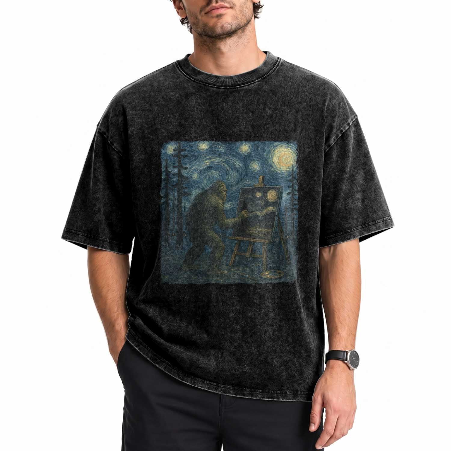 Funny Bigfoot Painting Starry Night Art Parody Gift Washed Cotton T-Shirt