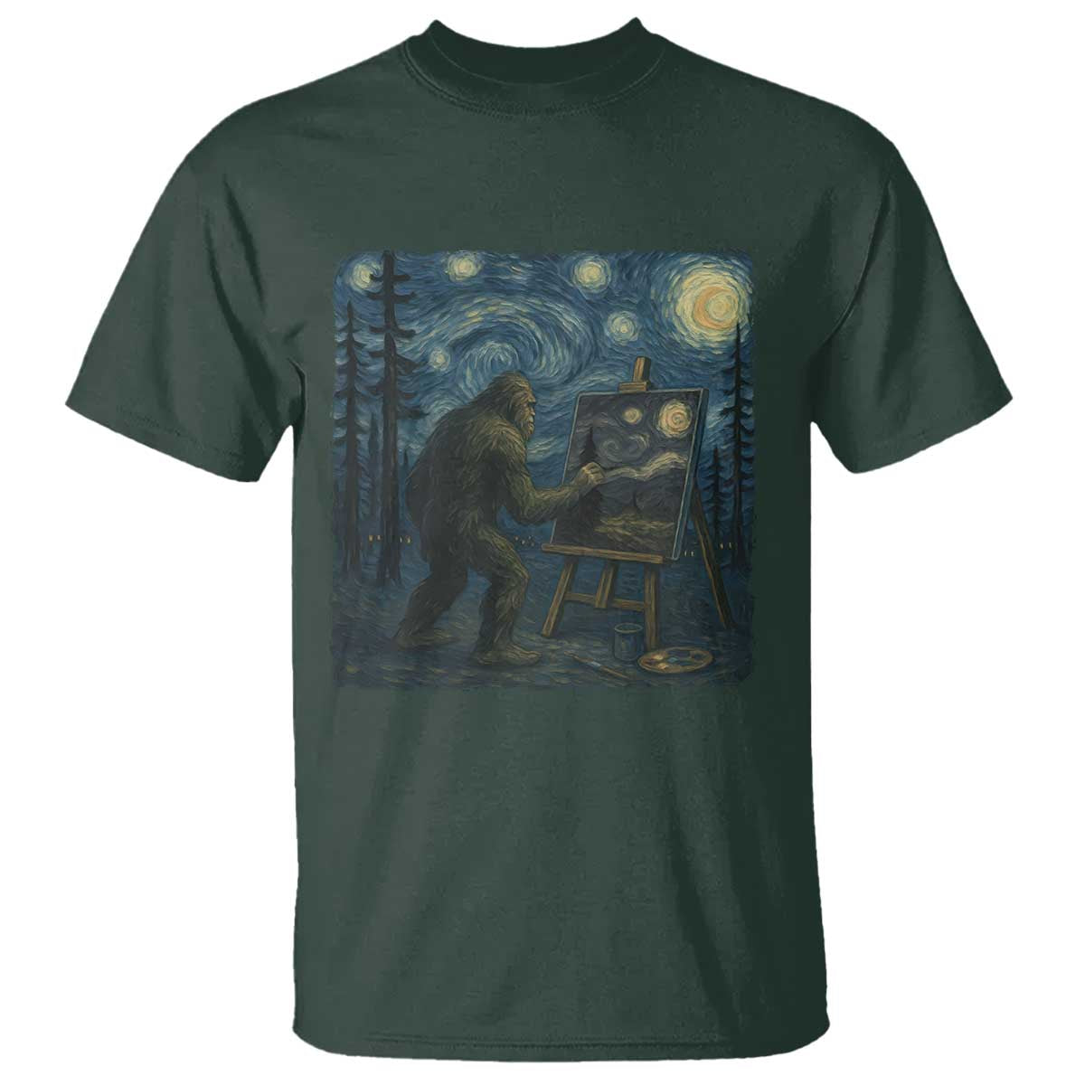 Funny Bigfoot Painting Starry Night Art Parody Gift T Shirt TS12 Dark Forest Green Print Your Wear