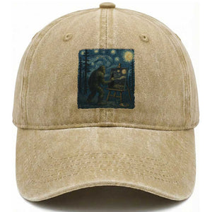 Funny Bigfoot Painting Starry Night Art Parody Gift Washed Cotton Baseball Cap TS12 Print Your Wear