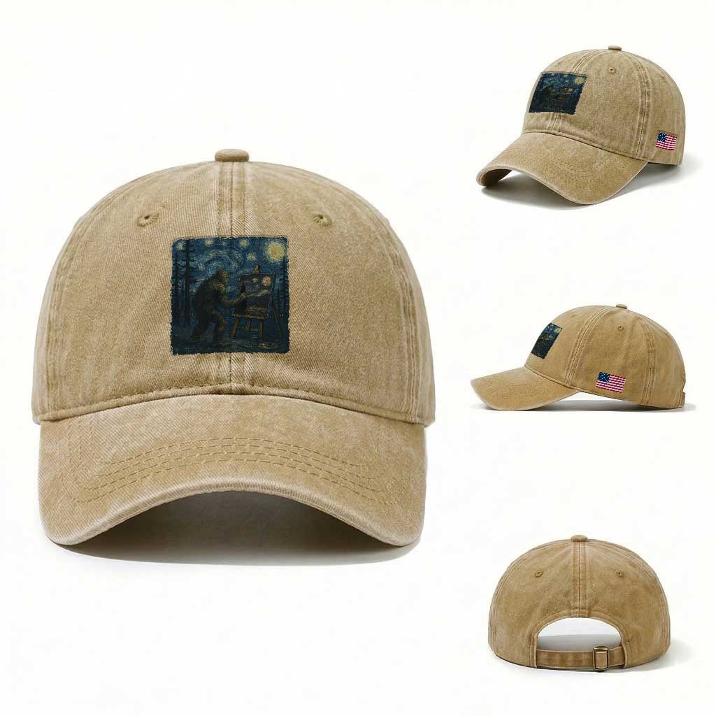 Funny Bigfoot Painting Starry Night Art Parody Gift Washed Cotton Baseball Cap TS12 Washed Cap Universal Fit Khaki Print Your Wear