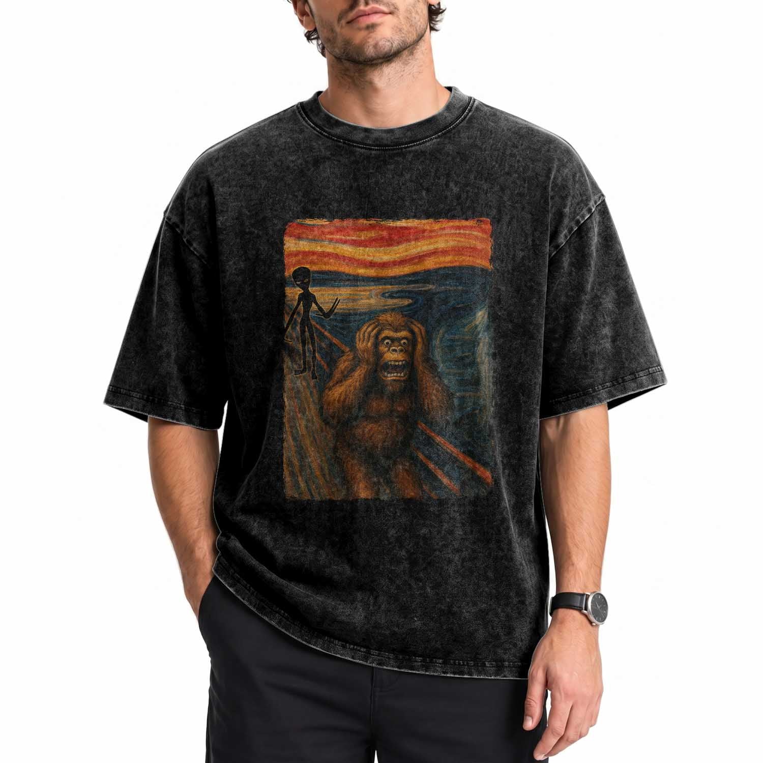 Funny Bigfoot And Alien Washed Cotton T-Shirt Parody The Scream Art Meme Gift
