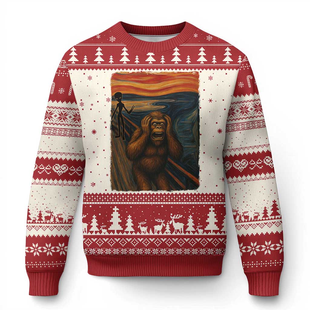 Funny Bigfoot And Alien Ugly Christmas Sweater Parody The Scream Art Meme Gift TS12 Beige Red Print Your Wear