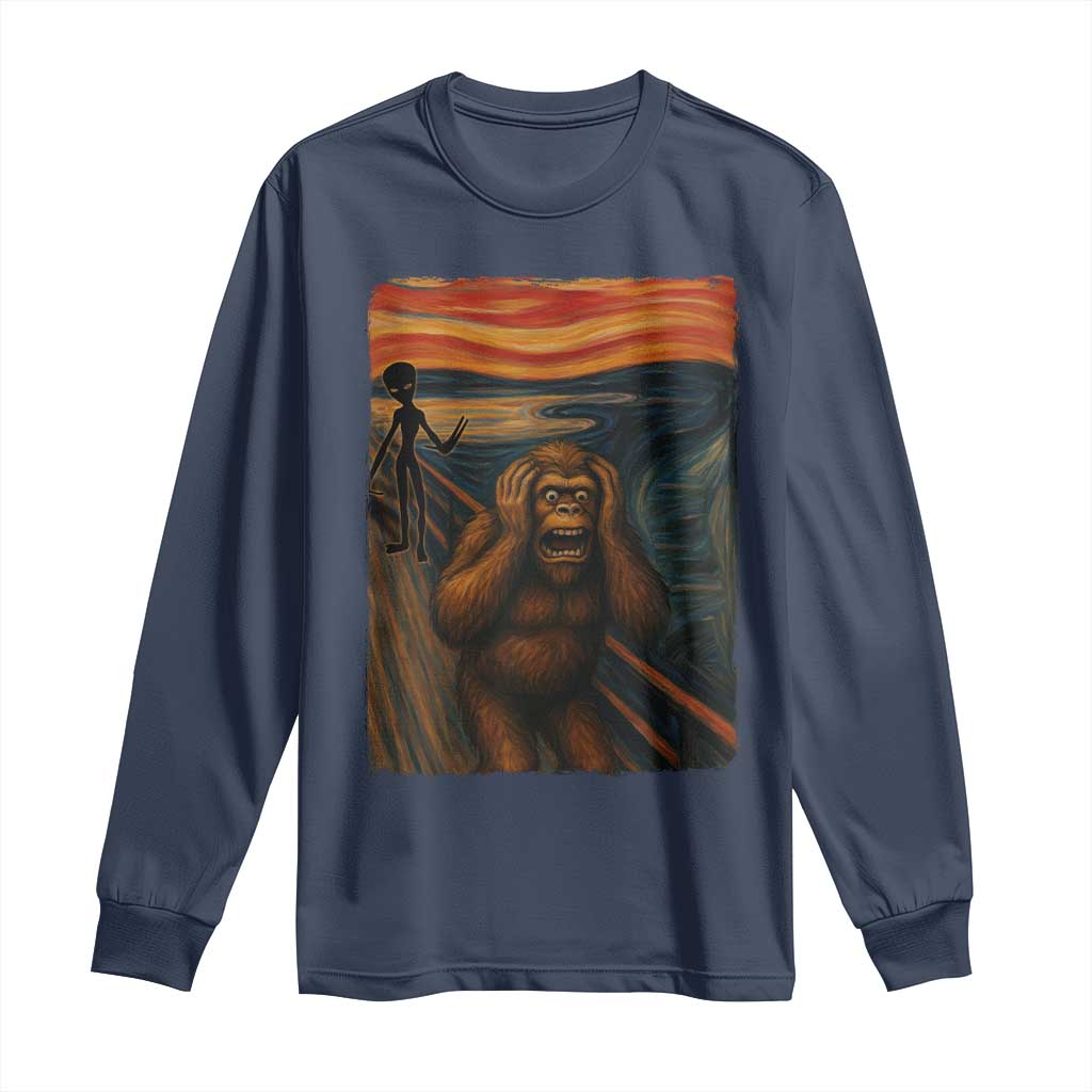 Funny Bigfoot And Alien Long Sleeve Shirt Parody The Scream Art Meme Gift TS12 Navy Print Your Wear