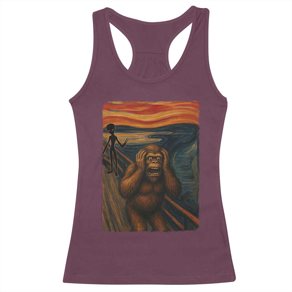 Funny Bigfoot And Alien Racerback Tank Top Parody The Scream Art Meme Gift TS12 Maroon Print Your Wear