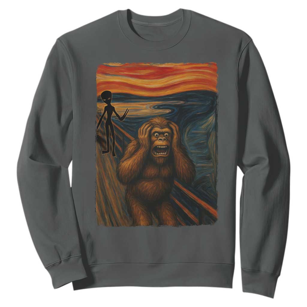 Funny Bigfoot And Alien Sweatshirt Parody The Scream Art Meme Gift TS12 Dark Heather Print Your Wear