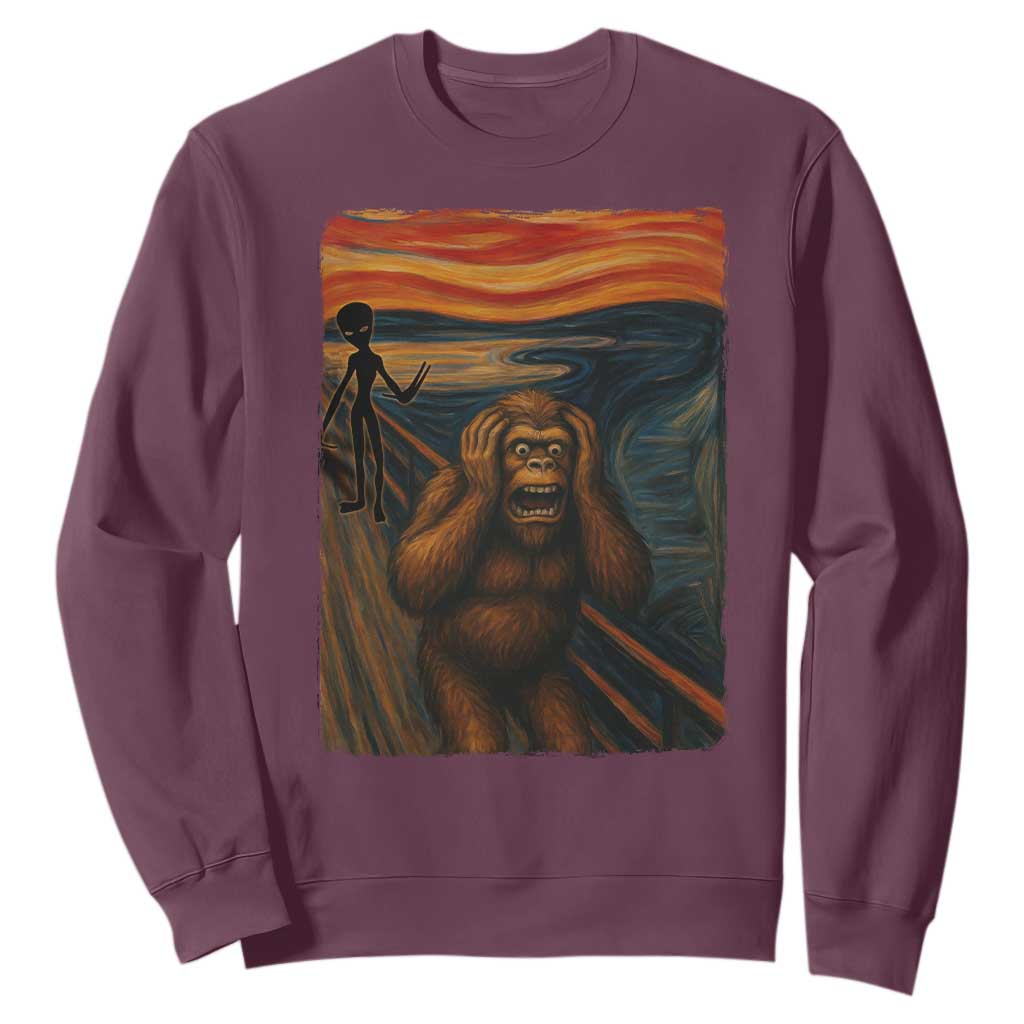 Funny Bigfoot And Alien Sweatshirt Parody The Scream Art Meme Gift TS12 Maroon Print Your Wear