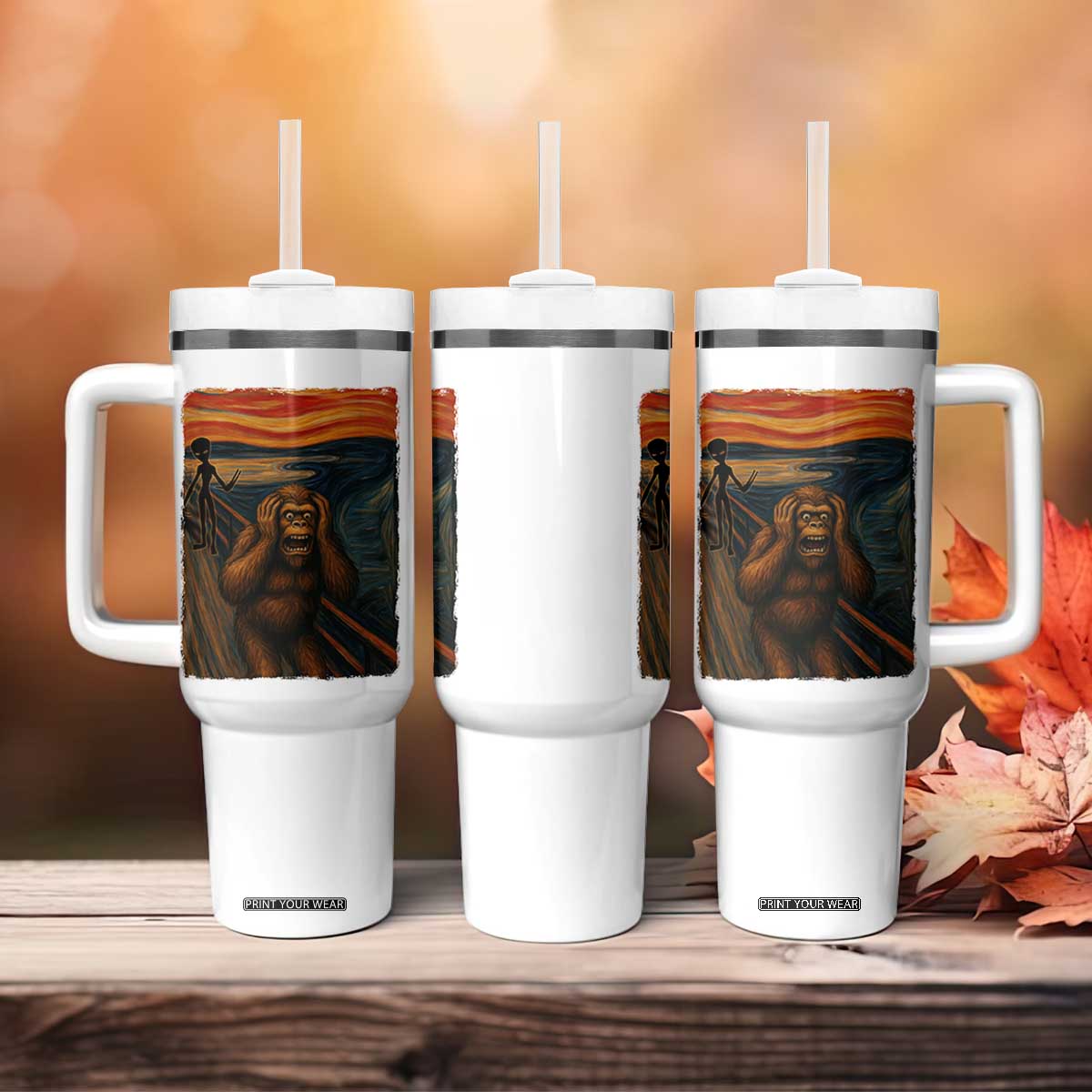 Funny Bigfoot And Alien Tumbler With Handle Parody The Scream Art Meme Gift TS12 Print Your Wear