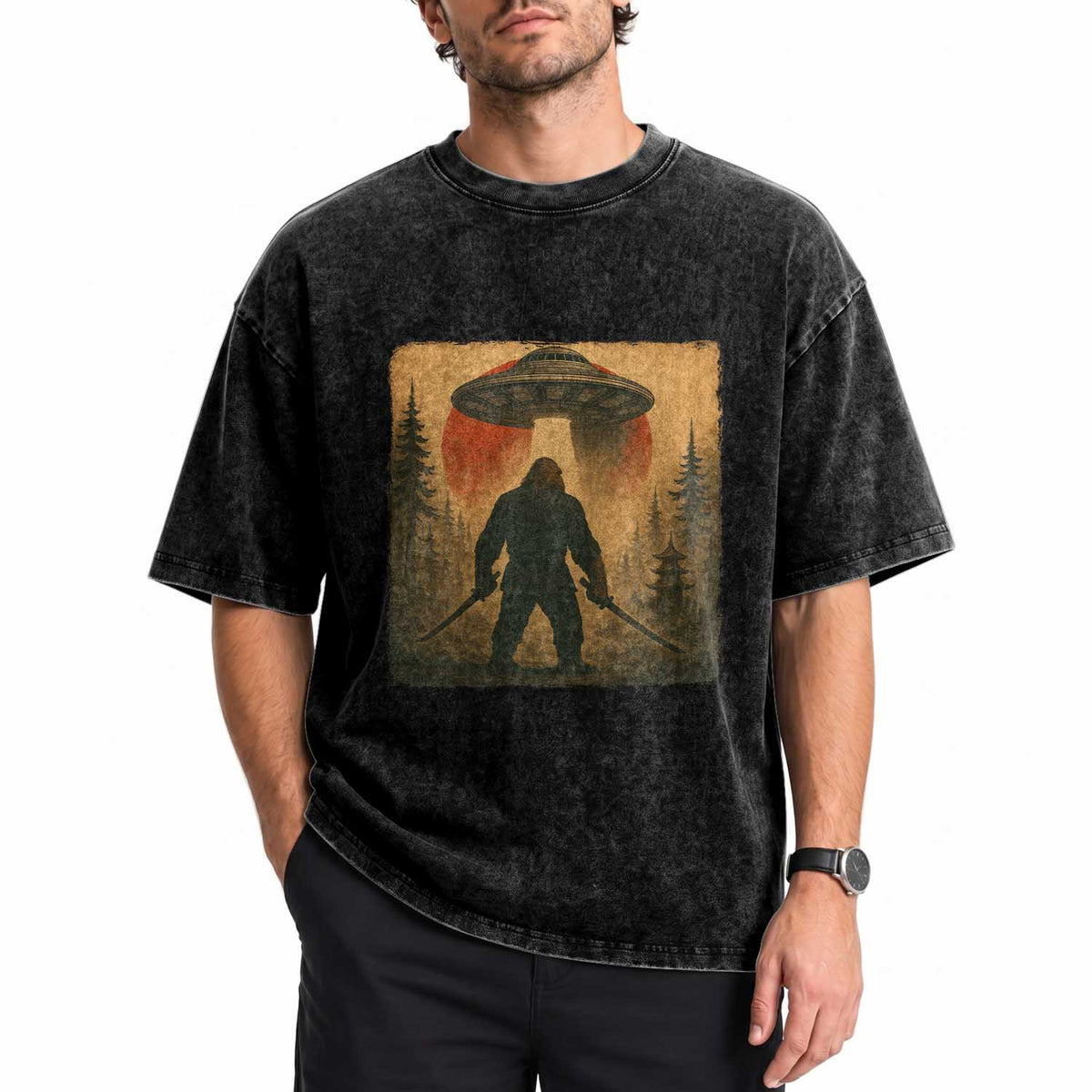 Samurai Bigfoot Washed Cotton T-Shirt Japanese Vintage Ukiyoe Style