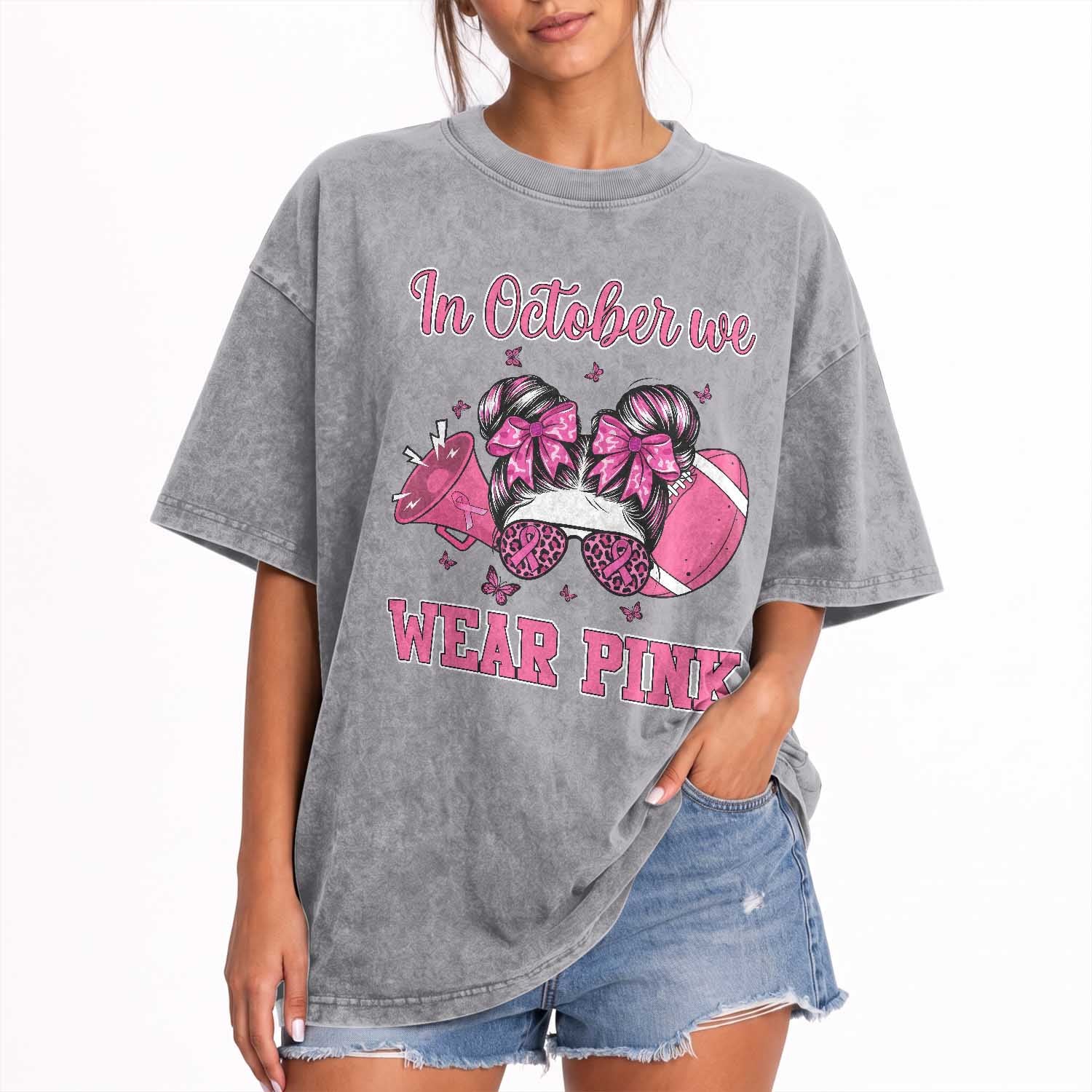 In October We Wear Pink Football Washed Cotton T-Shirt Funny Football Awareness Gift