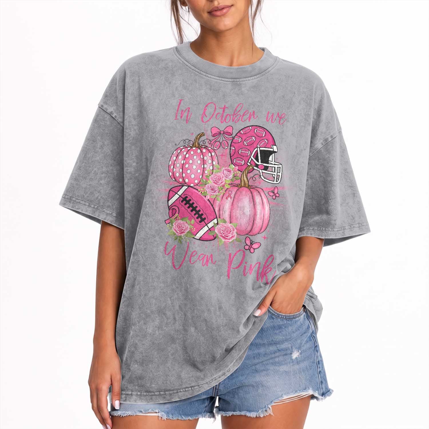 Football Breast Cancer Awareness Washed Cotton T-Shirt In October We Wear Pink Gift