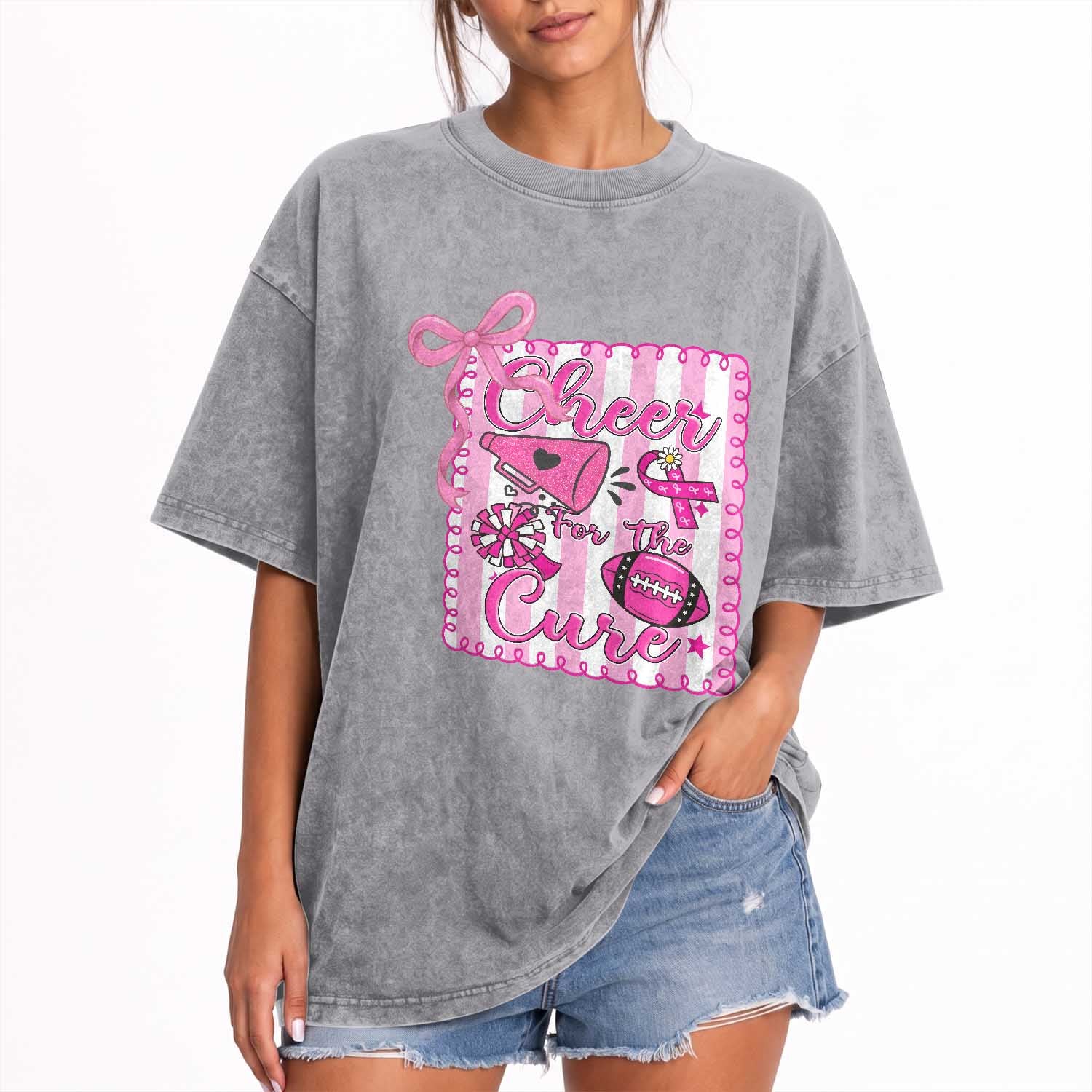 Cheer For The Cure Washed Cotton T-Shirt Breast Cancer Awareness Football Gift