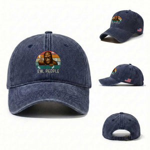Bigfoot Lover Washed Cotton Baseball Cap Funny Ew People Retro Sunset Design TS12 Washed Cap Universal Fit Navy Print Your Wear
