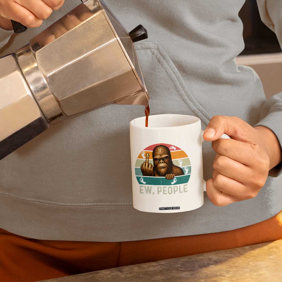 Bigfoot Lover Coffee Mug Funny Ew People Retro Sunset Design TS12 Print Your Wear