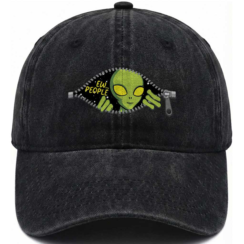 Funny Alien Washed Cotton Baseball Cap Ew People Hater Quote TS12 Print Your Wear