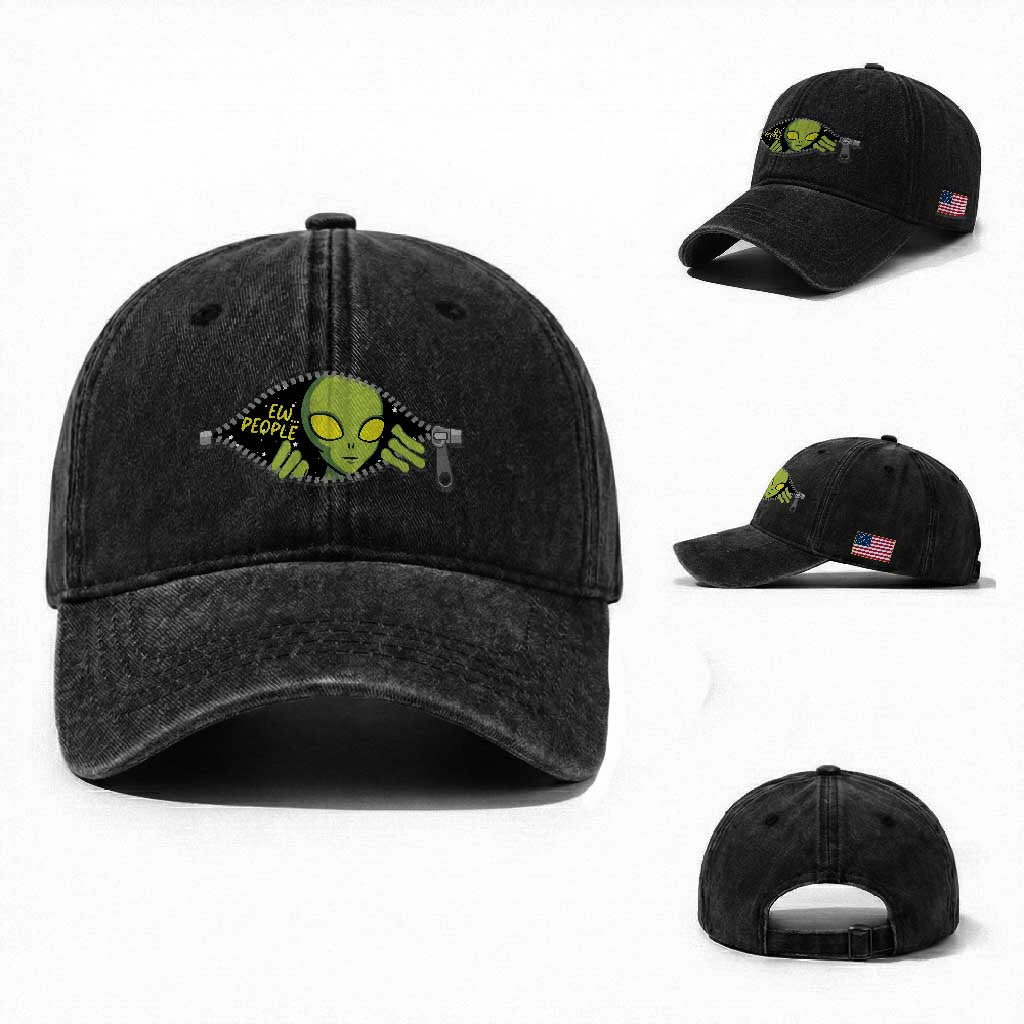 Funny Alien Washed Cotton Baseball Cap Ew People Hater Quote TS12 Washed Cap Universal Fit Black Print Your Wear