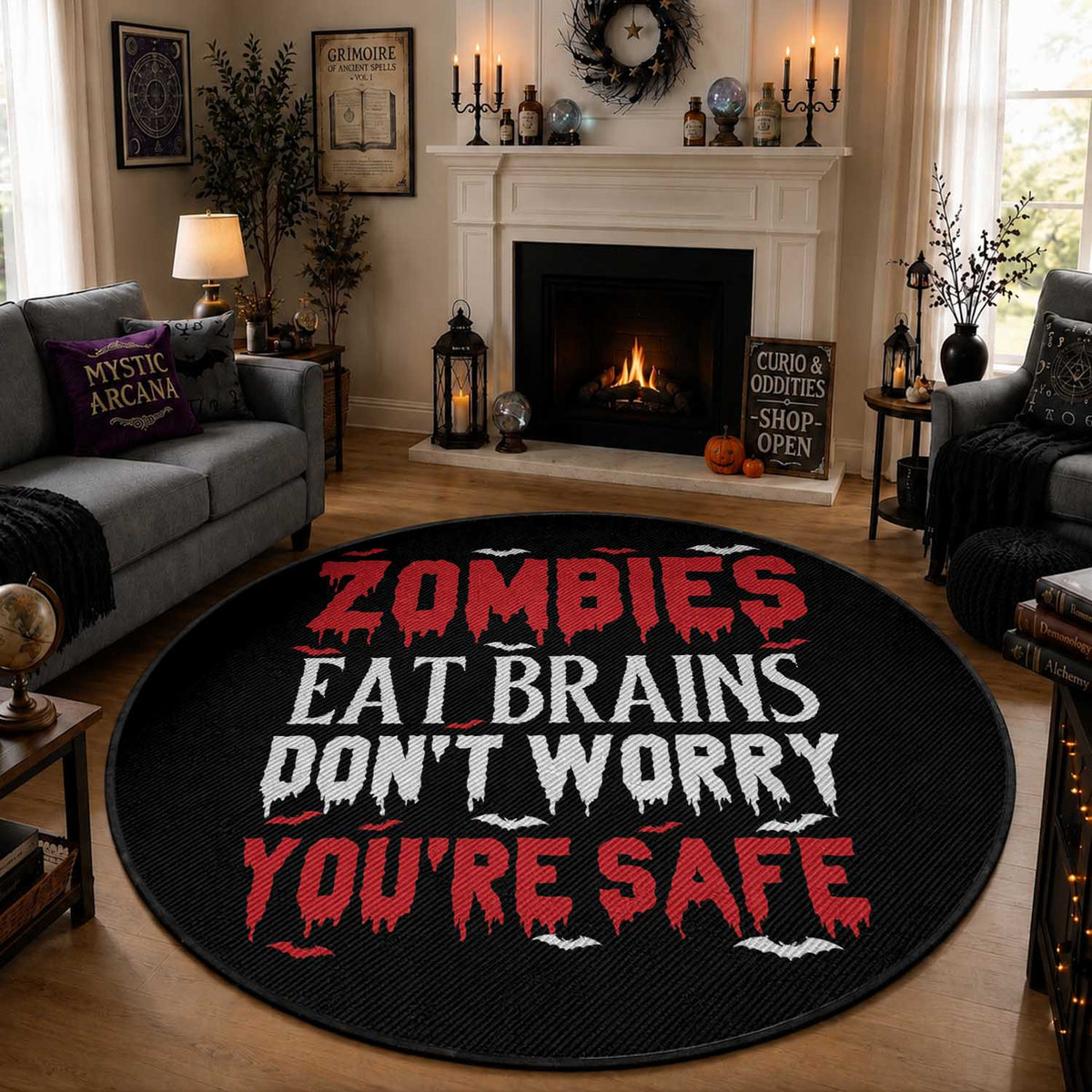 Zombies Eat Brains Dont Worry You Are Safe Round Rug Funny Zombie Joke