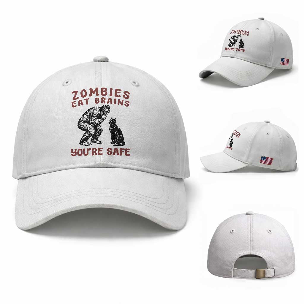 Funny Bigfoot And Black Cat Baseball Cap Zombies Eat Brains Dont Worry You Are Safe TS12 Baseball Cap Universal Fit White Print Your Wear