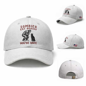 Funny Bigfoot And Black Cat Baseball Cap Zombies Eat Brains Dont Worry You Are Safe TS12 Baseball Cap Universal Fit White Print Your Wear