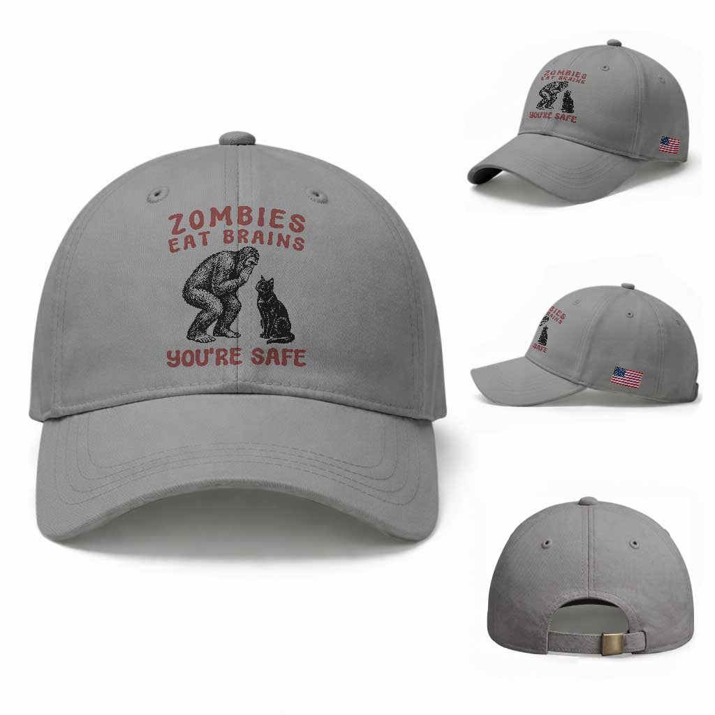 Funny Bigfoot And Black Cat Baseball Cap Zombies Eat Brains Dont Worry You Are Safe TS12 Baseball Cap Universal Fit Sport Gray Print Your Wear
