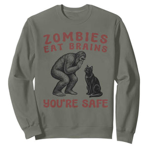 Funny Bigfoot And Black Cat Sweatshirt Zombies Eat Brains Dont Worry You Are Safe TS12 Military Green Print Your Wear