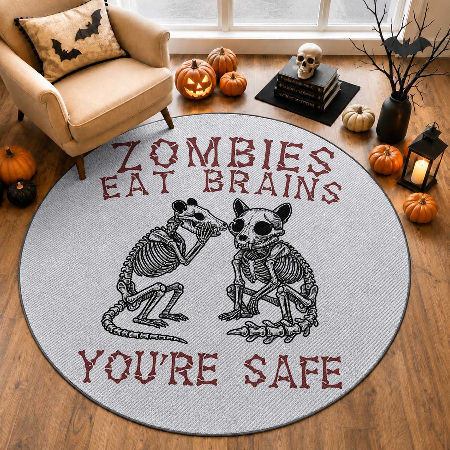 Funny Opossum Raccoon Skeleton Round Rug Zombies Eat Brains Dont Worry You Are Safe
