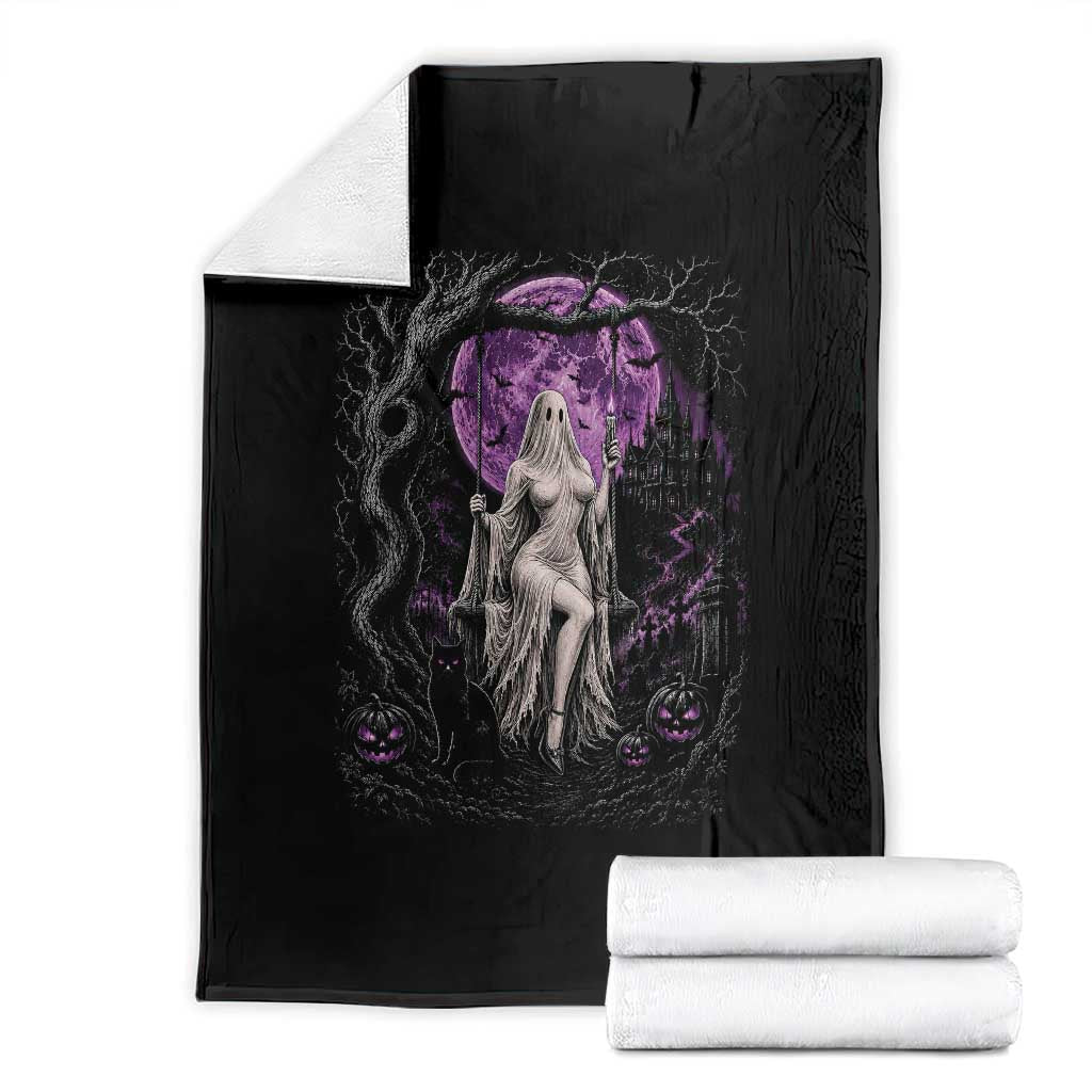 Mystical Ghost Girl Halloween Throw Blanket Gothic Purple Moon Haunted Castle Art TS12 Black Print Your Wear