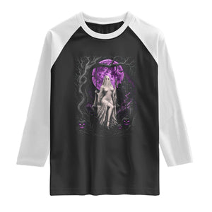 Mystical Ghost Girl Halloween Raglan Shirt Gothic Purple Moon Haunted Castle Art TS12 Black White Print Your Wear