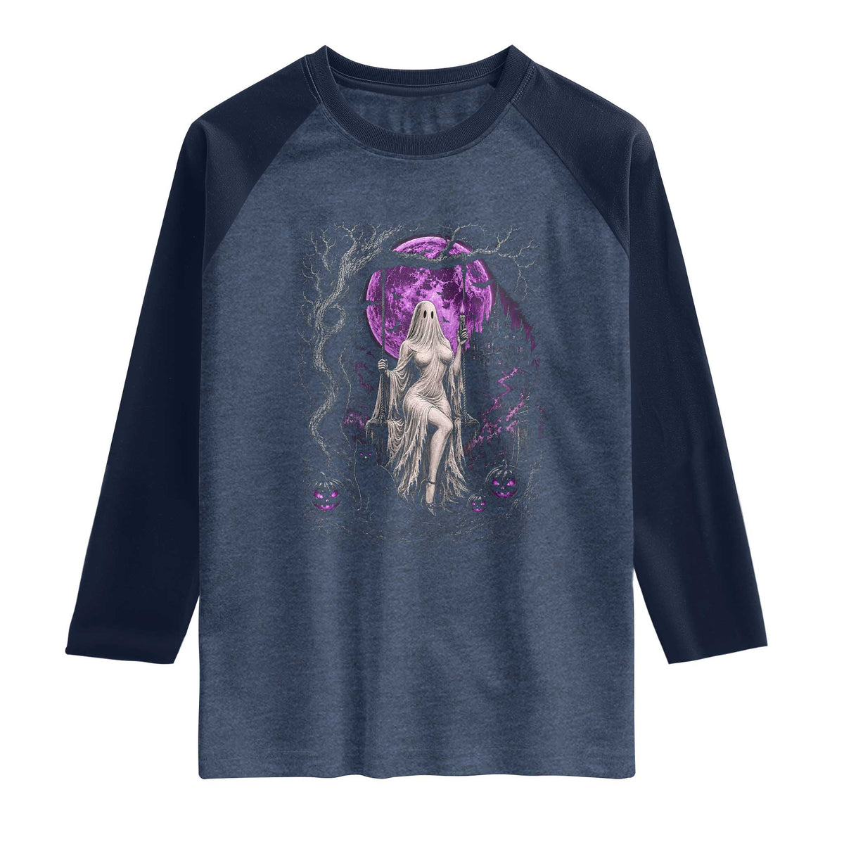 Mystical Ghost Girl Halloween Raglan Shirt Gothic Purple Moon Haunted Castle Art TS12 Heather Denim Navy Print Your Wear