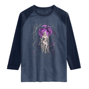 Mystical Ghost Girl Halloween Raglan Shirt Gothic Purple Moon Haunted Castle Art TS12 Heather Denim Navy Print Your Wear