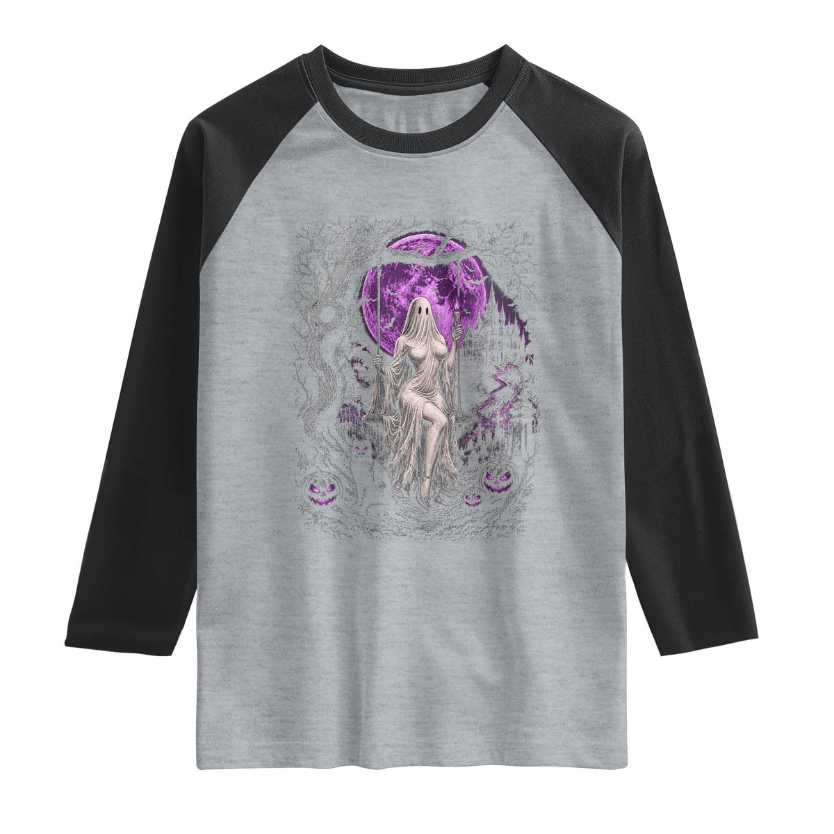 Mystical Ghost Girl Halloween Raglan Shirt Gothic Purple Moon Haunted Castle Art TS12 Heather Gray Black Print Your Wear