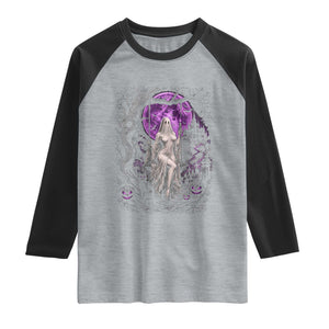 Mystical Ghost Girl Halloween Raglan Shirt Gothic Purple Moon Haunted Castle Art TS12 Heather Gray Black Print Your Wear