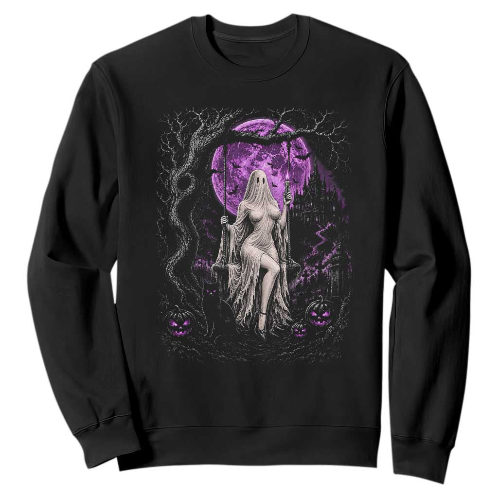 Mystical Ghost Girl Halloween Sweatshirt Gothic Purple Moon Haunted Castle Art TS12 Black Print Your Wear