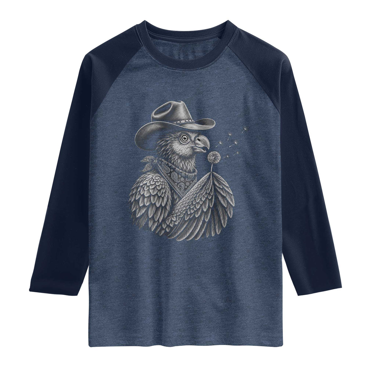 Funny Cowboy Hoatzin Raglan Shirt Blowing Dandelion Western Bird Gift TS12 Heather Denim Navy Print Your Wear