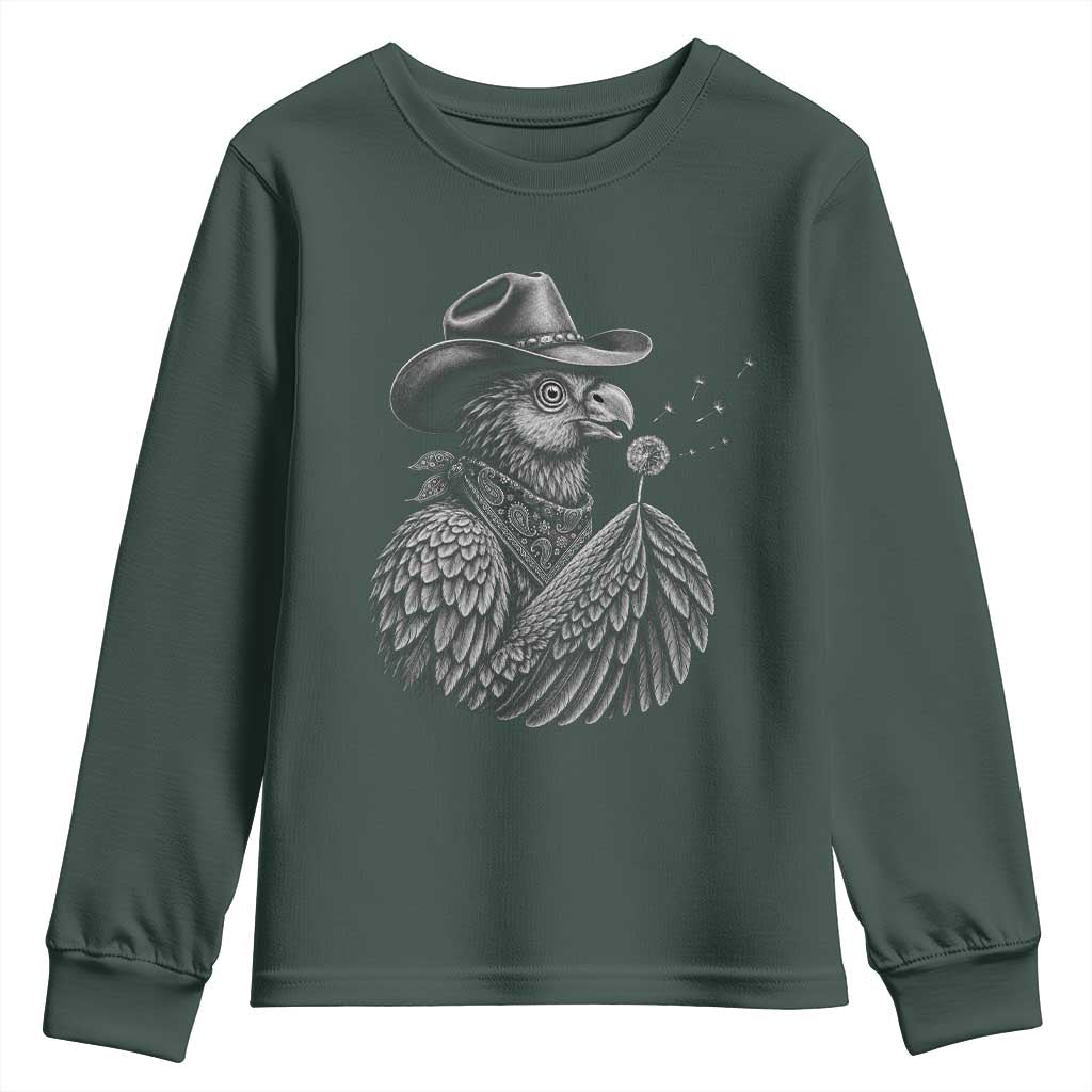 Funny Cowboy Hoatzin Youth Sweatshirt Blowing Dandelion Western Bird Gift TS12 Dark Forest Green Print Your Wear