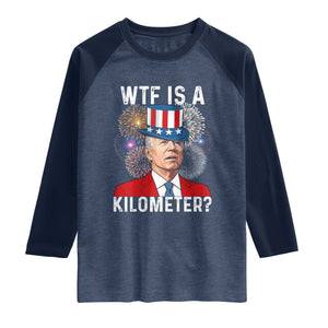 WTF is A Kilometer Raglan Shirt Funny 4th of July TS14 Heather Denim Navy Print Your Wear