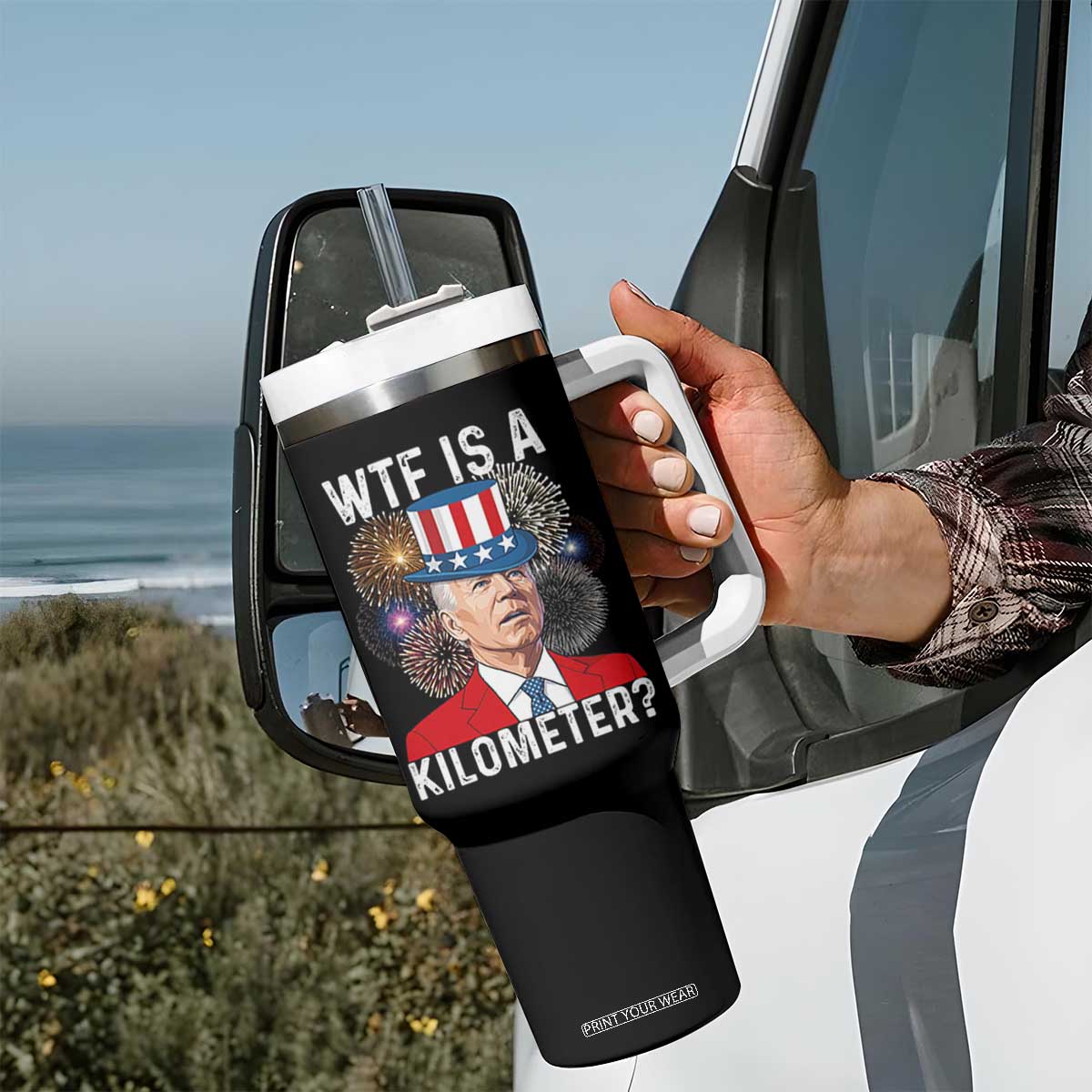 WTF is A Kilometer Tumbler With Handle Funny 4th of July TS14 Print Your Wear